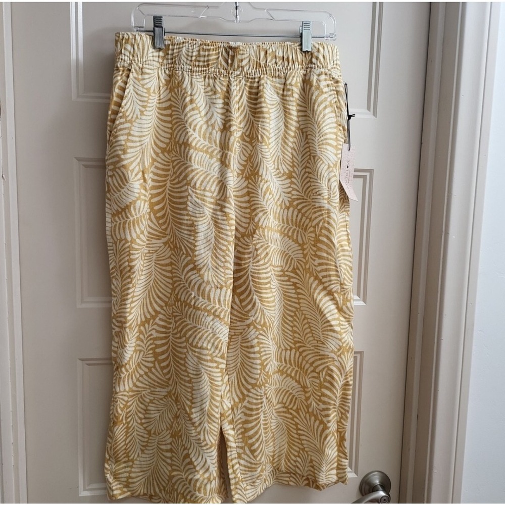 Rachel‎ Zoe Linen Wide Leg Crop Pants, Womens Size L Yellow Leaf Print
